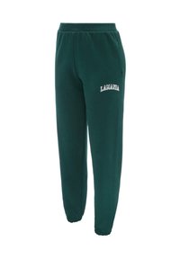 Tamsiai žali treningai, pagaminti iš minkštos medžiagos, su elastinga juosta, rankovėmis ir balta "LAMANIA" tekstu ant vienos kojos.