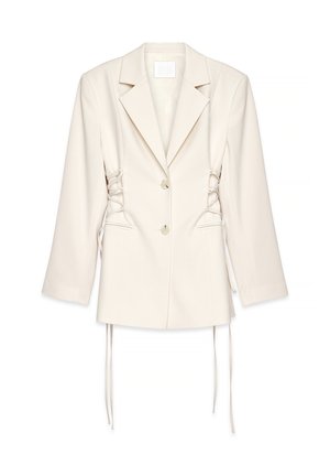 Lys beige skræddersyet blazer med notched krave, to knapper, sidelægningsdetaljer og lange ærmer. Glat stofstruktur.