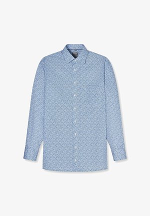Hellblaues Langarm-Hemd mit Knopfleiste, kleinem dunkelblauem Blumenmuster und klassischem Kragen, flach auf weißem Hintergrund liegend.