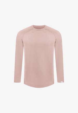 Helles rosa Langarmshirt mit Rundhalsausschnitt, aus glattem Stoff, mit Raglanärmeln und einem abgerundeten Saum.