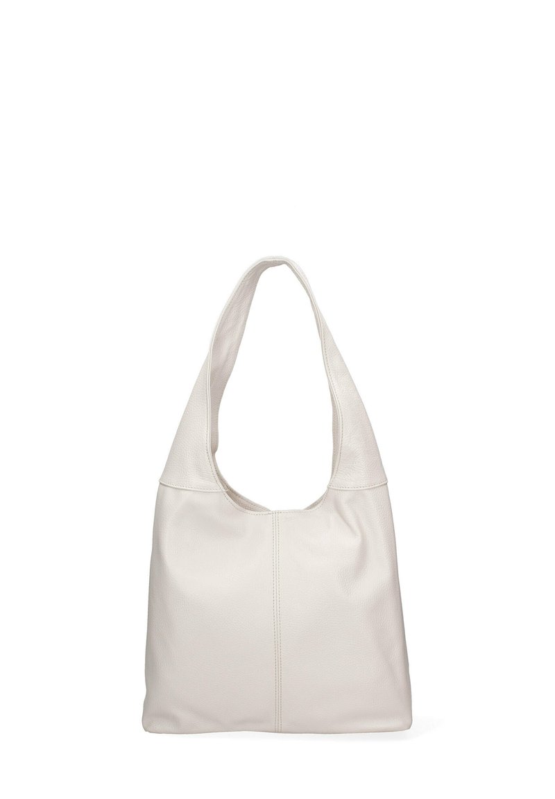 Witte leren schoudertas met een gebogen handvat, zacht gestructureerd lichaam en subtiele stikdetail aan de voorkant.