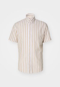 Koszula na krótki rękaw na guziki w pionowe beżowo-białe paski, wykonana z lekkiego materiału, z klasycznym kołnierzykiem i dopasowanym krojem.
