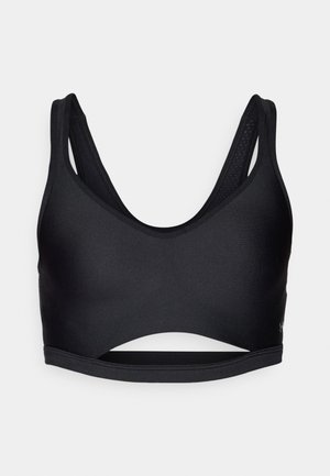 Top sportivo nero con design a V profonda, spalline larghe e dettaglio con foro sul davanti. Realizzato in tessuto liscio ed elasticizzato per garantire comfort.