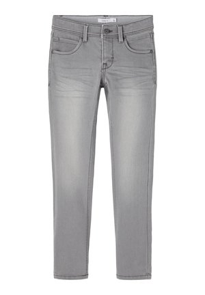 Szürke farmernadrág, slim fit szabásban. Öt zsebbe, gombos záródással rendelkezik, és finom kopás látható a comboknál. Egyenes szárú kivitel.