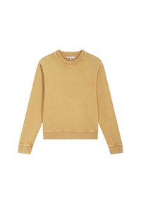 Felpa beige a maniche lunghe con collo rotondo, con polsini e orlo a coste, mostrata piatta su uno sfondo bianco.