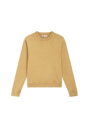 Sudadera de cuello redondo de manga larga beige con puños y dobladillo acanalados, exhibida plana sobre un fondo blanco.