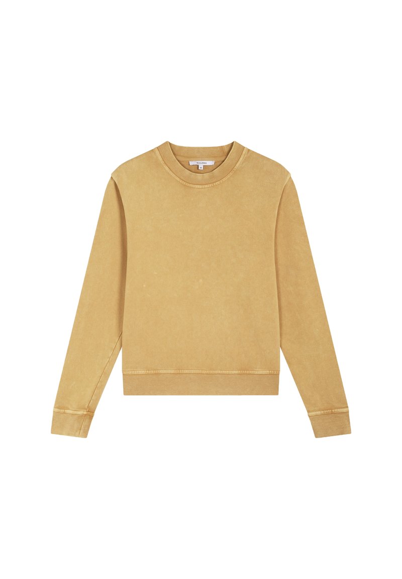 Felpa beige a maniche lunghe con collo rotondo, con polsini e orlo a coste, mostrata piatta su uno sfondo bianco.