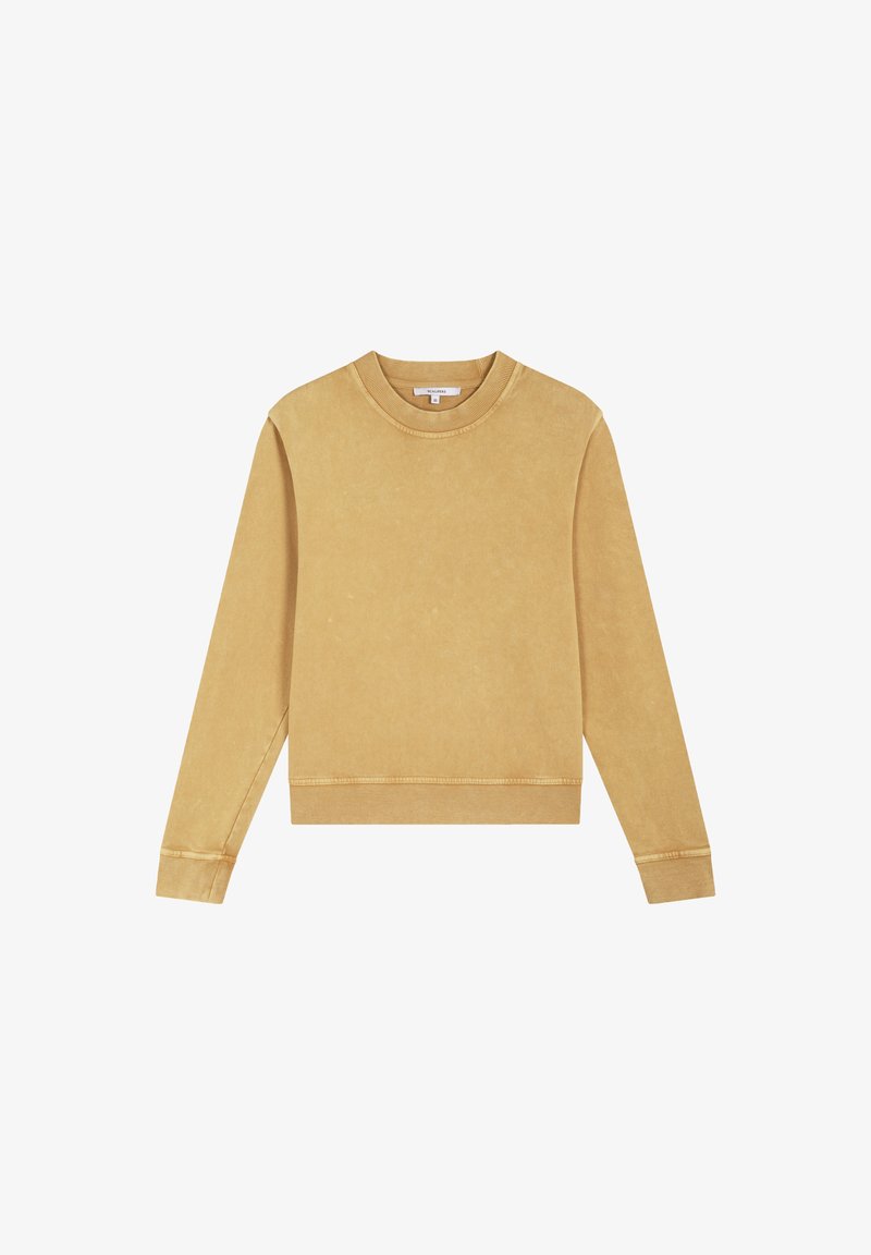 Felpa beige a maniche lunghe con collo rotondo, con polsini e orlo a coste, mostrata piatta su uno sfondo bianco.