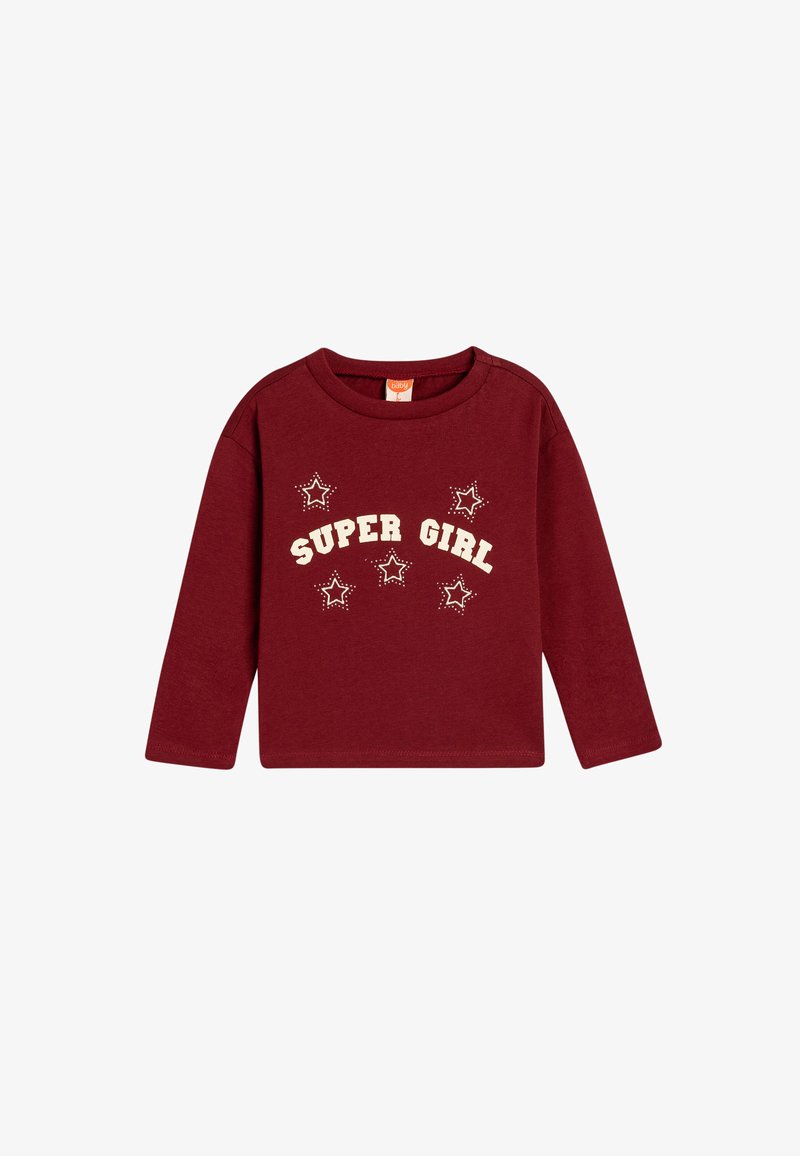 Bordeaux langærmet skjorte med "SUPER GIRL" tekst og stjernes grafik i creme. Blødt bomuldsstof, rund halsudskæring og afslappet pasform.