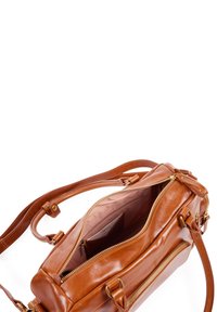 Brown leather bag with dual handles and zippers. Features a smooth texture, spacious interior, and a side zip pocket for additional storage.