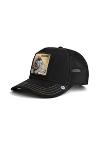 Black cap with a curved visor, featuring a suede front and mesh sides. An embroidered ram graphic and "LEGEND" text on the front.