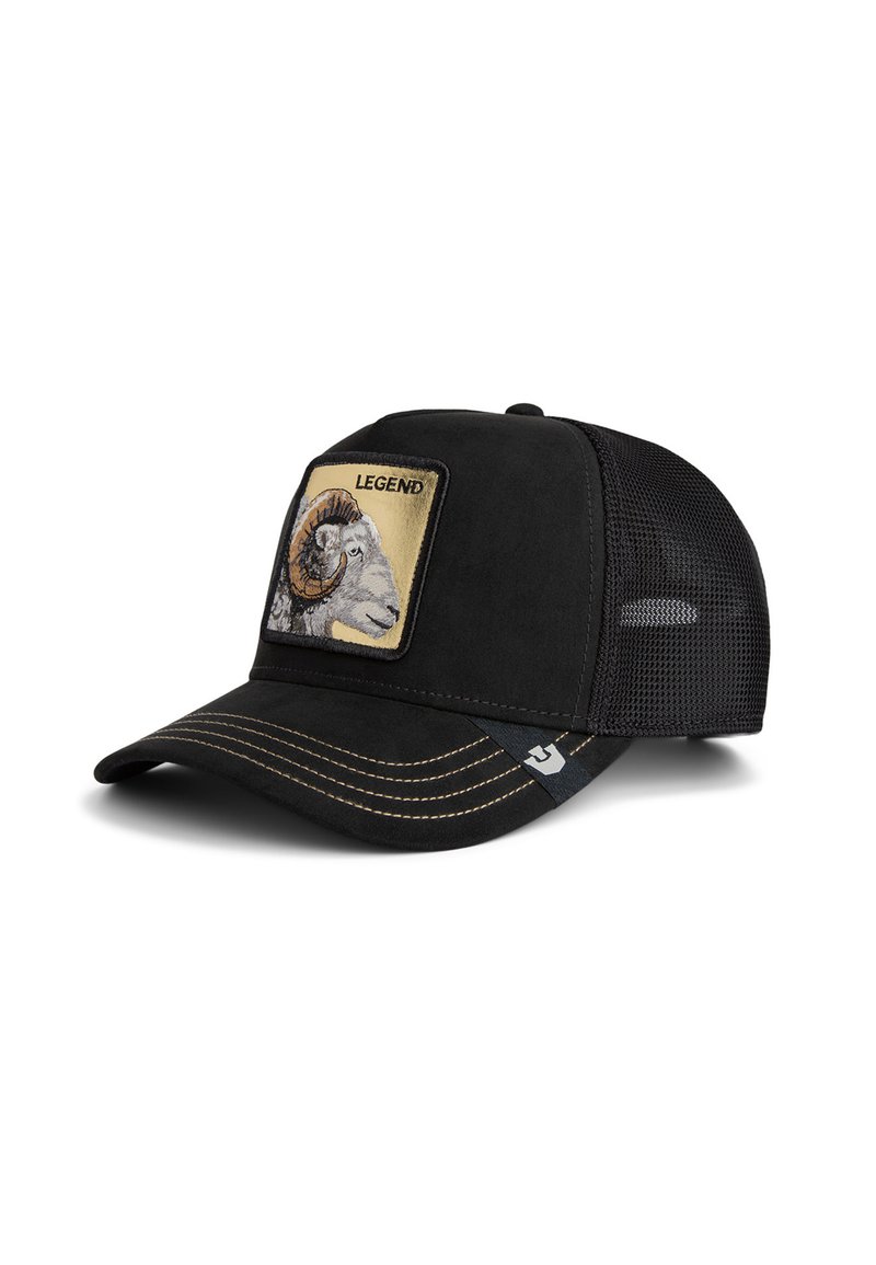 Black cap with a curved visor, featuring a suede front and mesh sides. An embroidered ram graphic and "LEGEND" text on the front.