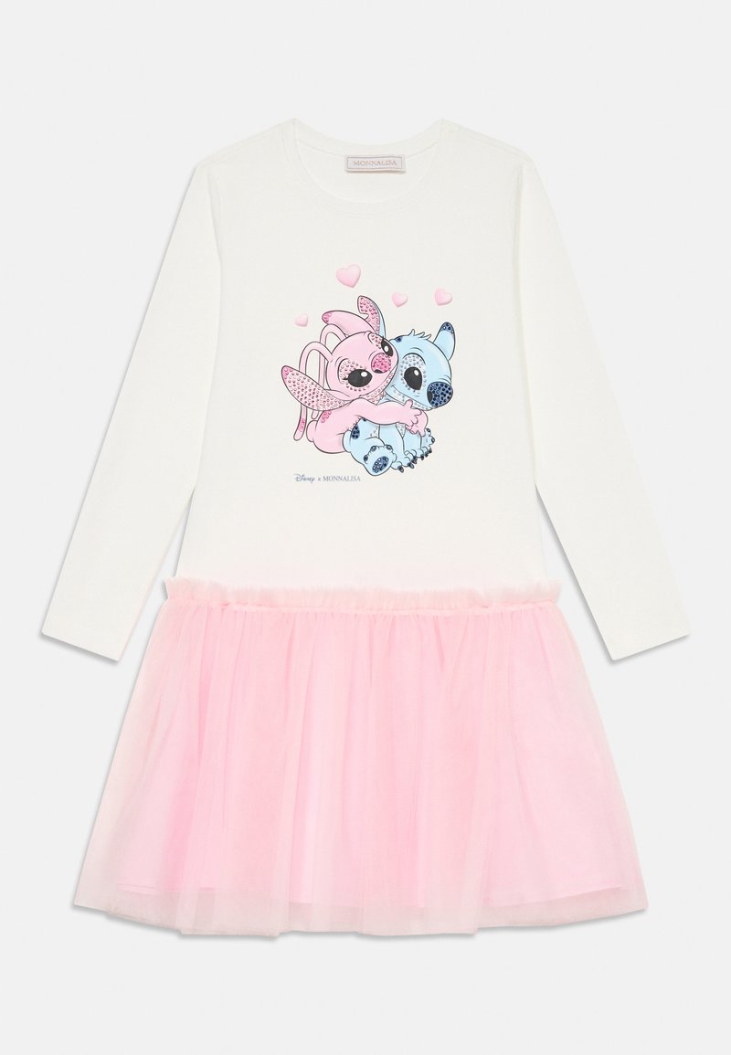 Weißes langärmeliges Kleid mit rosa Tüllrock, das ein Grafik von zwei Cartoonfiguren und rosa Herzdetails zeigt.