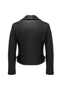 Čierna kožená bunda s elegantným dizajnom, ktorá má výrazný golier, dlhé rukávy a postranné pracky. Hladká textúra s prešitou detalizáciou.