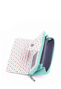 Zip-around wallet in mint green and white. Features multicolored polka dots, multiple card slots, and a transparent ID window.