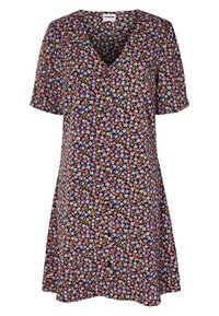 Robe à manches courtes avec un décolleté en V, présentant un fond noir et un motif floral en rose, violet et jaune. Devant à boutons.