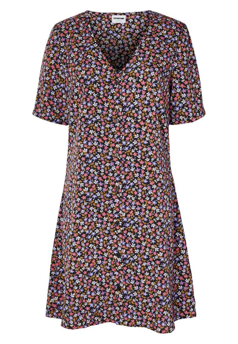 Robe à manches courtes avec un décolleté en V, présentant un fond noir et un motif floral en rose, violet et jaune. Devant à boutons.