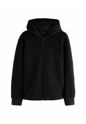 Veste polaire noire zippée avec capuche et manches longues, poignets côtelés et tissu doux texturé.