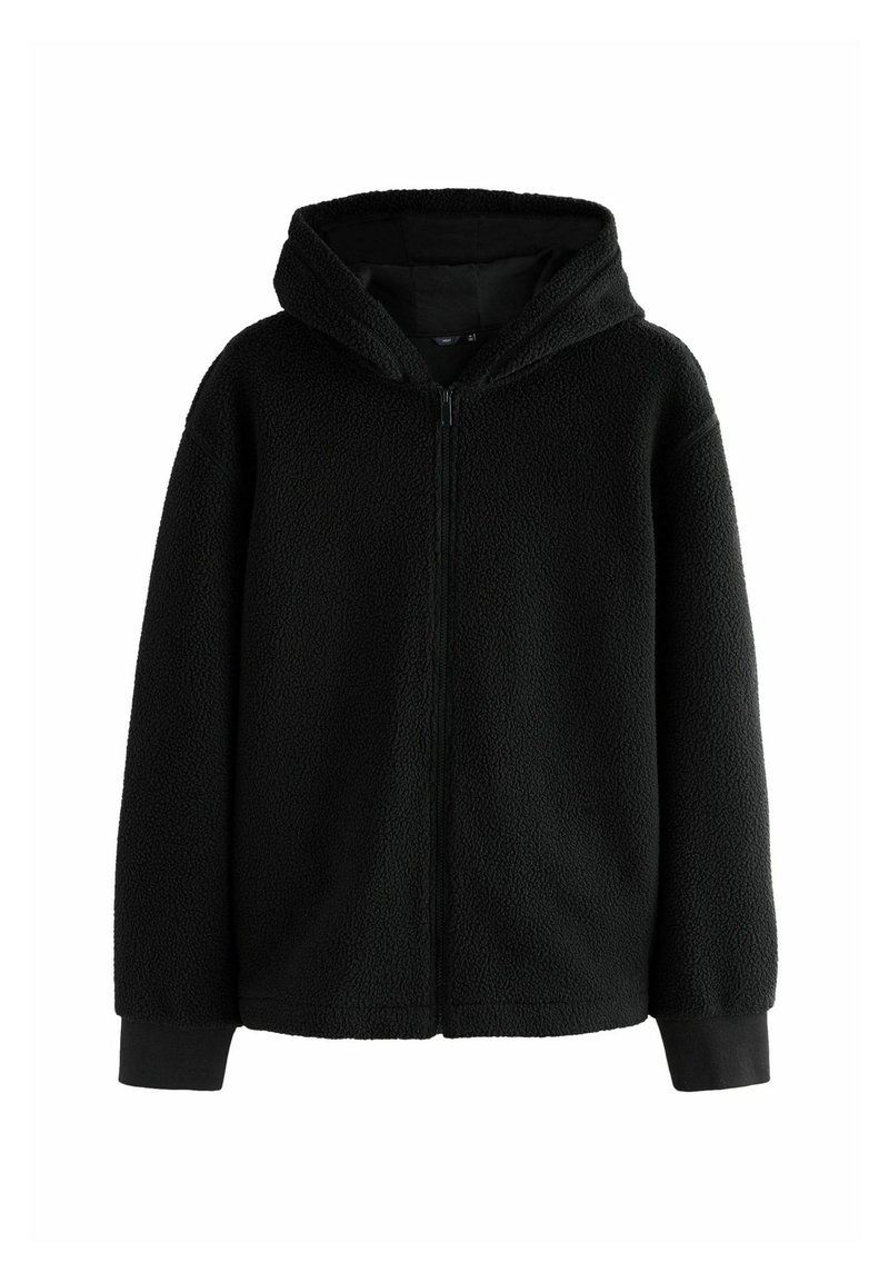 Veste polaire noire zippée avec capuche et manches longues, poignets côtelés et tissu doux texturé.