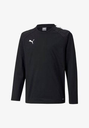 Schwarzes Sporthemd mit langen Ärmeln aus leichtem Material, mit Rundhalsausschnitt, kontrastierenden weißen Schulterakzenten und einem Logo auf der Brust.