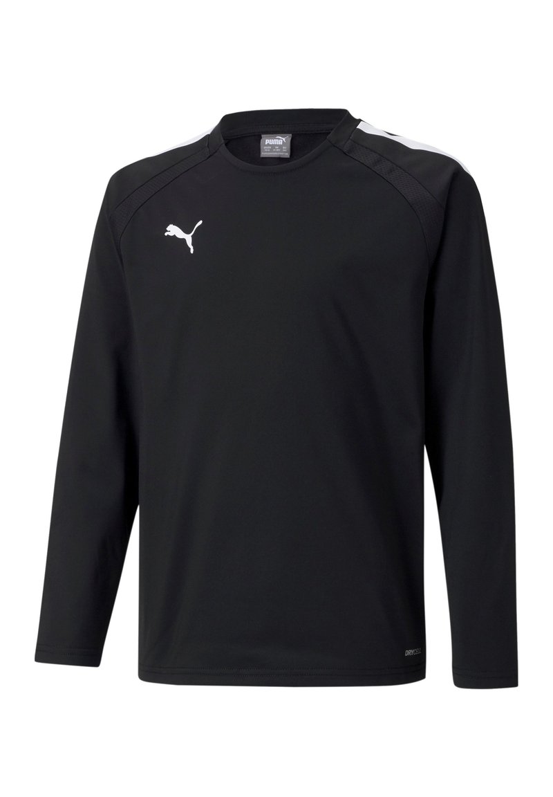 Maglietta sportiva nera a maniche lunghe realizzata in tessuto leggero, con colletto rotondo, accenti bianchi a contrasto sulle spalle e un logo sul petto.