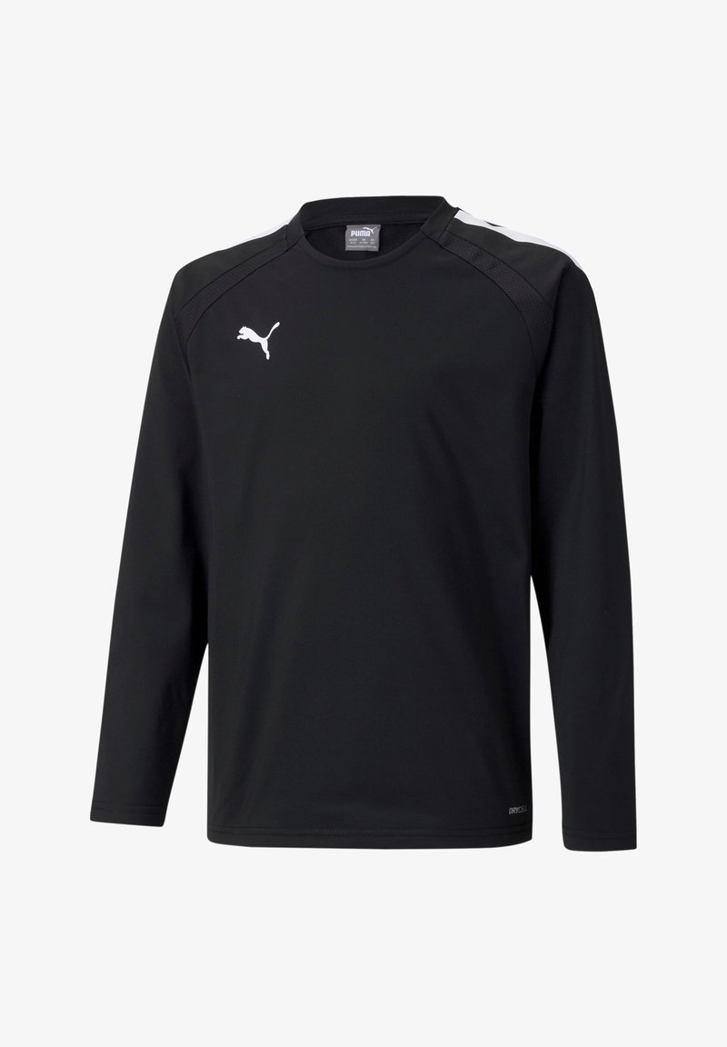 Schwarzes Sporthemd mit langen Ärmeln aus leichtem Material, mit Rundhalsausschnitt, kontrastierenden weißen Schulterakzenten und einem Logo auf der Brust.