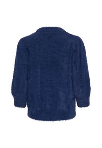 Marinblå fluffig tröja med rund halsringning, uppblåsta långa ärmar och ribbade manschetter, med en texturerad yta för extra värme.