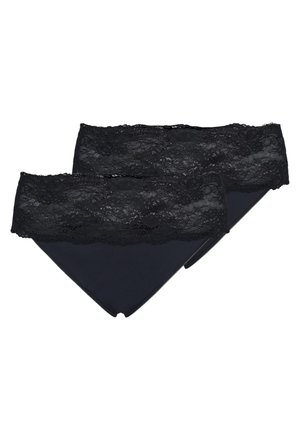 Perizomi neri con una fascia in pizzo floreale e un design in tessuto liscio. Hanno una forma classica, disponibili in una confezione da due.
