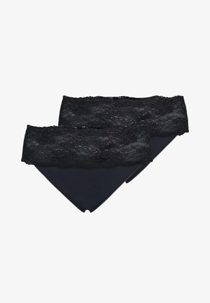 Perizomi neri con una fascia in pizzo floreale e un design in tessuto liscio. Hanno una forma classica, disponibili in una confezione da due.