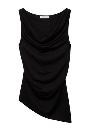 Černý top bez rukávů má drapovaný výstřih a asymetrický lem. Vyrobený z jemné látky s hladkým povrchem. Štítek viditelný na vrchu.