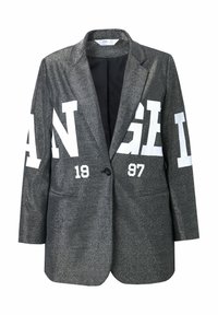 Metallisch schwarzer Blazer mit großen weißen Texten und Zahlen. Ein-Knopf-Verschluss, zwei Fronttaschen und strukturierte Reversgestaltung.