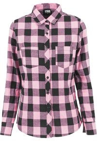 Pink and black plaid shirt with a collar, long sleeves, button fastenings, and two chest pockets. Fabric appears soft and checkered.