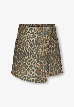 Fustă scurtă cu imprimeu de leopard, în design tip înfășurare, având o închidere frontală cu buton și buzunare laterale. Predominant bej cu pete maro închis.