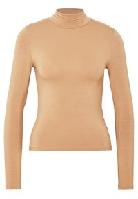 Maglione beige a maniche lunghe con colletto a imbuto, realizzato in un tessuto liscio e elasticizzato, con un design aderente e cuciture minime per un aspetto elegante.