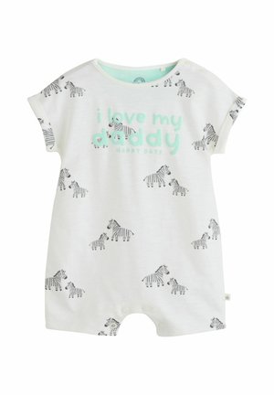 Valkoinen vauvan haalari, jossa mustavalkoisia seepra-kuvioita ja mintunvihreällä tekstillä "i love my daddy Happy Dayz" etupuolella.