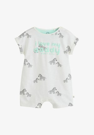 Biały śpioszek dla niemowląt z czarnymi i białymi nadrukami zebry oraz miętowym napisem "kocham mojego tatusia Happy Dayz" na przodzie.