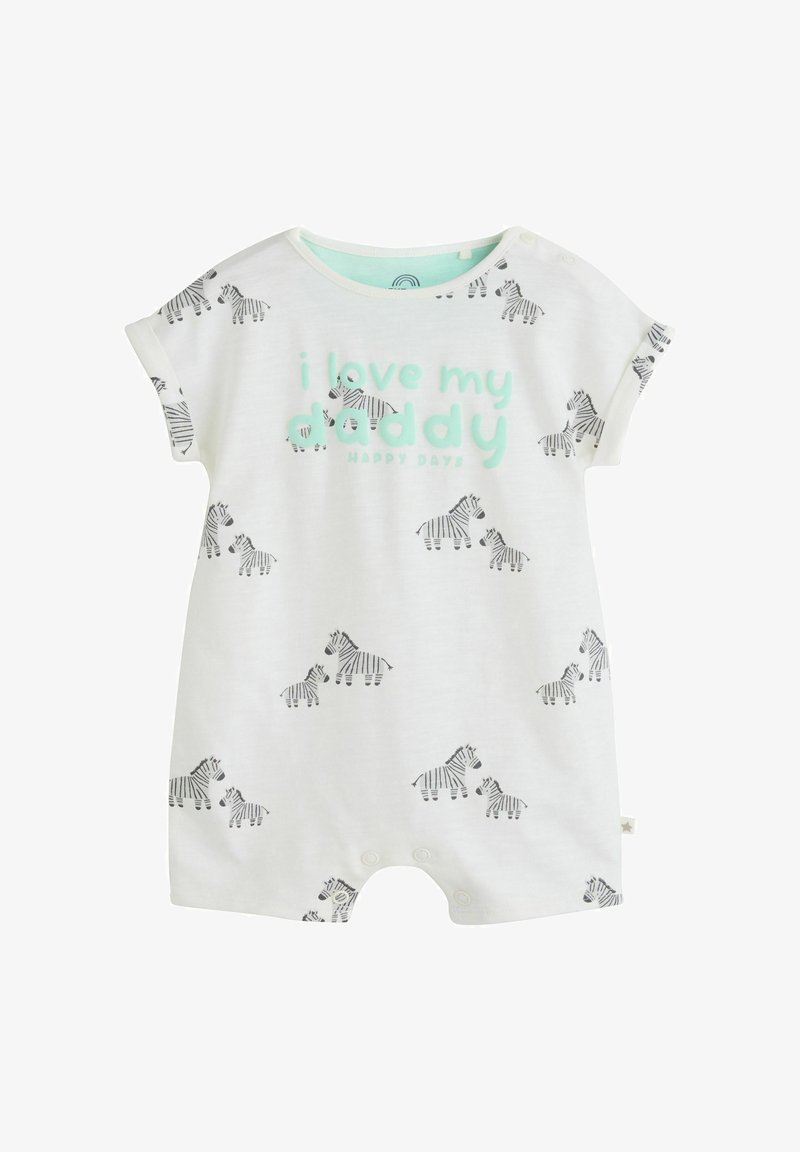 Fehér baba rugdalózó fekete-fehér zebra mintákkal és menta zöld színű "i love my daddy Happy Dayz" felirattal az elején.