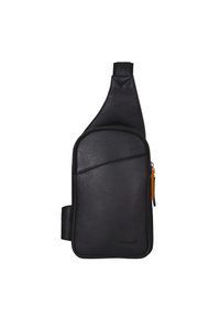 Borsa a tracolla nera in pelle con finitura texturizzata, dotata di un compartimento principale con zip e un tirazip arancione a contrasto.