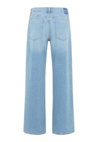 Jeans larghi di colore azzurro chiaro con vita alta. Presentano due tasche posteriori e una leggera sfumatura, realizzati in denim.