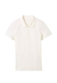 Kortärmad pikétröja i ljus elfenben, tillverkad av ett texturerat tyg. Har en krage och fem knappar fram.