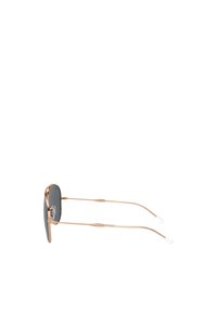 Occhiali da sole ovali con una sottile montatura in metallo color oro rosa e lenti grigie scure. Le aste sono eleganti e presentano punte in gomma trasparente per un maggiore comfort.