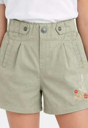 Shorts beiges taille haute avec plis, deux poches avant, fermeture à bouton, et broderie florale avec texte sur la jambe droite.
