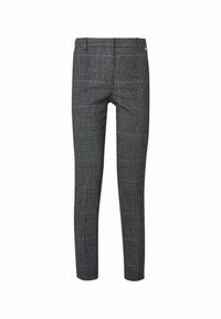 Spodnie dopasowane w czarno-szary wzór w kratę, charakteryzujące się slim fit, teksturowaną tkaniną oraz jedną tylną kieszenią z detalem w postaci guzika.