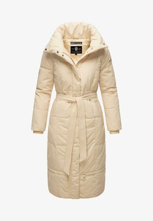 Cappotto imbottito color crema con vita svasata, colletto alto e chiusura con zip. Caratterizzato da maniche lunghe e design trapuntato.