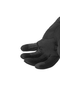 Zwarte handschoenen met een ontwerp van stretchstof, voorzien van textuuraccenten voor grip op de vingertoppen en versterkte stiksels voor duurzaamheid.