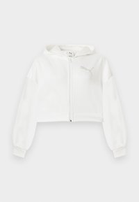 Λευκό κοντό φούτερ με φερμουάρ και κουκούλα, μακριά μανίκια και λογότυπο Puma στον αριστερό θώρακα, εμφανίζεται σε απλό φωτεινό φόντο.