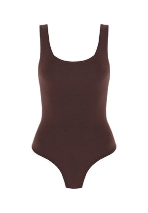 Brown ribbed bodysuit with a scoop neckline and wide shoulder straps; fitted shape; smooth texture with minimal seams.