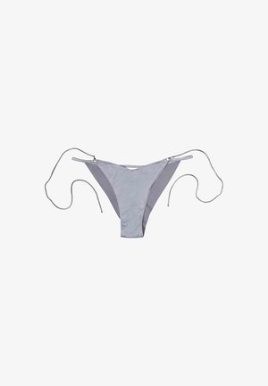 Bikini bottom featuring a gray fabric design, V-shape at the front, tied sides with thin metallic strings, smooth texture, minimal coverage.