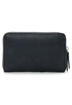 Black leather wallet with a textured surface, zip closure, and a zippered compartment on the side. Rectangular shape, clean design.