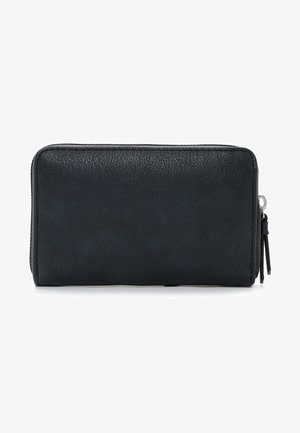 Cartera de cuero negro con superficie texturizada, cierre de cremallera y un compartimento con cremallera en el lateral. Forma rectangular, diseño limpio.
